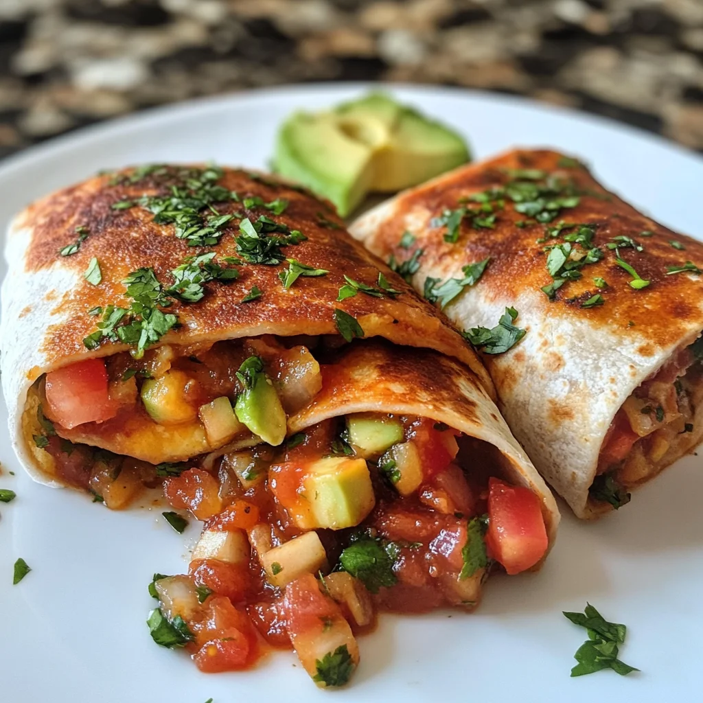 Mexican breakfast burritos with salsa and avocado