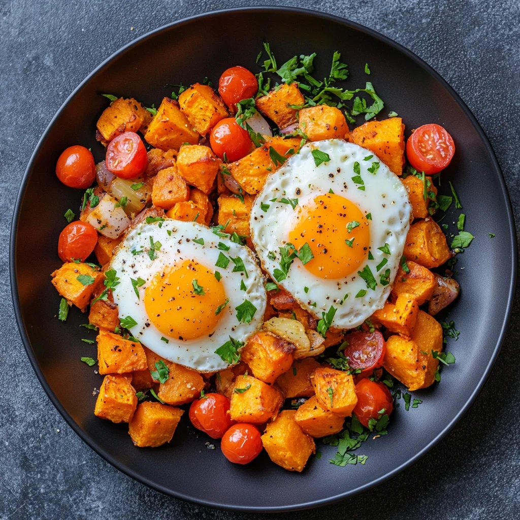 savory sweet potato hash with fried eggs