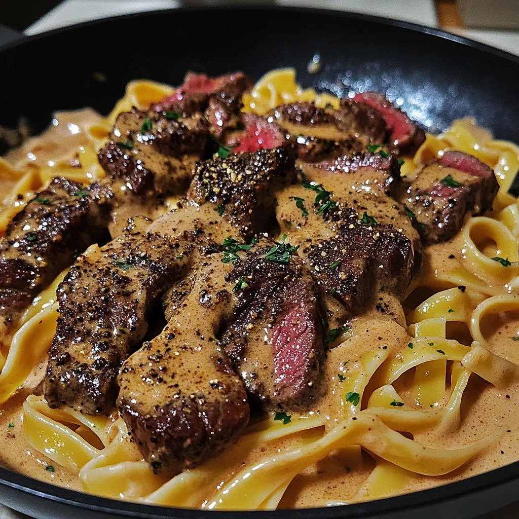 SMOKY CAJUN STEAK TIPS OVER VELVETY FETTUCCINE