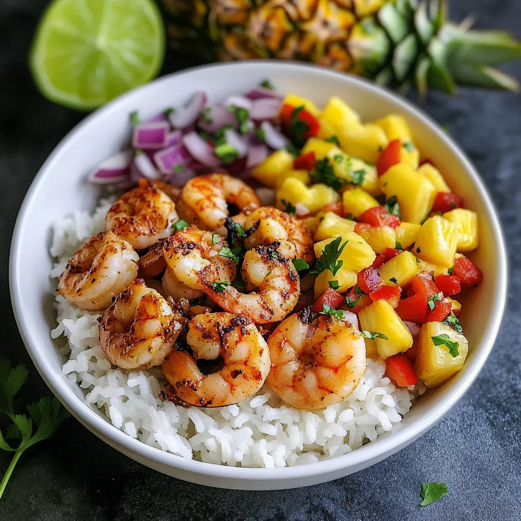 shrimp and rice bowl topped with a refreshing pineapple salsa