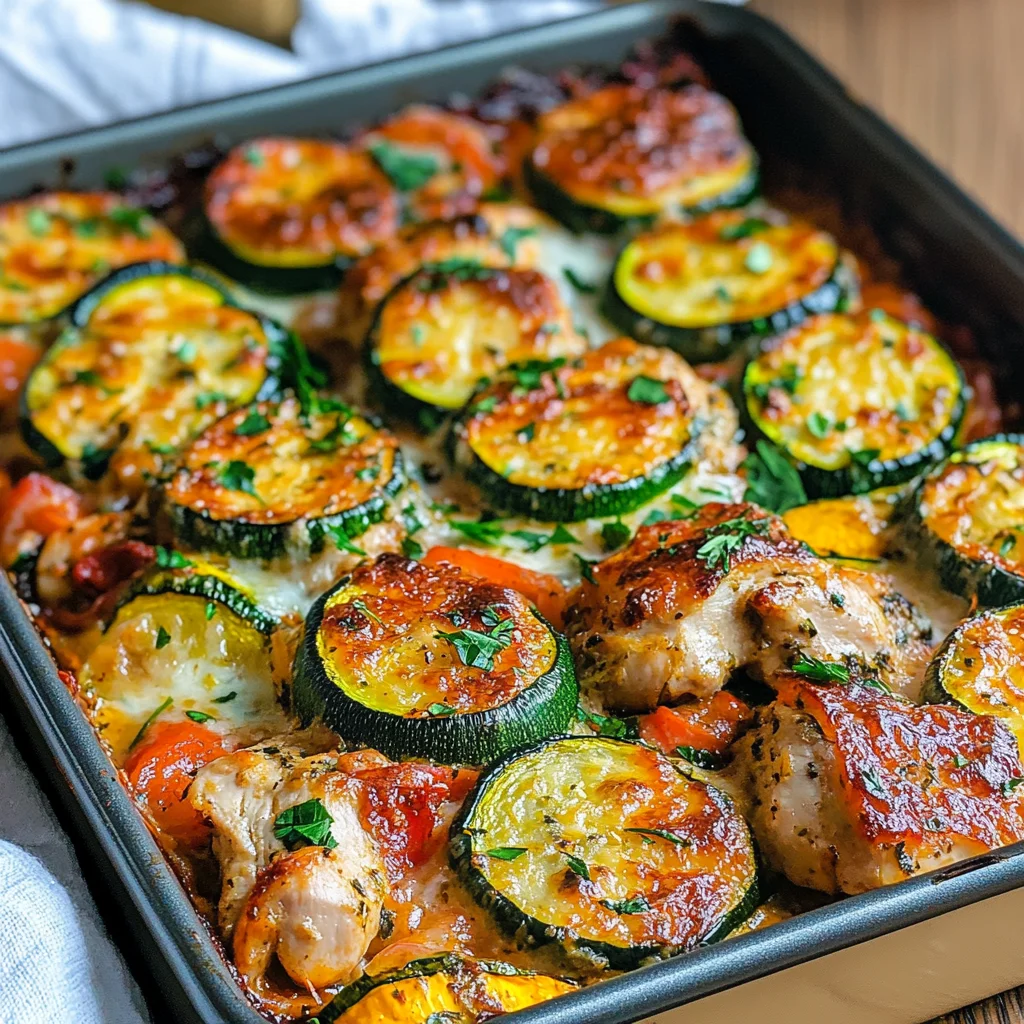 Healthy & delicious Mediterranean Chicken Zucchini Bake! One-pan, easy cleanup, bursting with flavor. Perfect for a weeknight dinner. Get the recipe now!