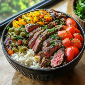 Savor the sunshine with this vibrant Mediterranean Steak Bowl recipe! Tender steak, fresh veggies, and a zesty lemon-herb dressing. Easy weeknight meal! #Mediterranean #SteakBowl #Recipe