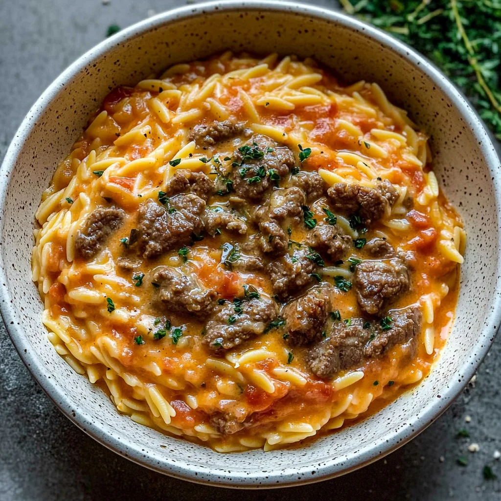 Beef Orzo Recipe with a Tomato Cream Sauce