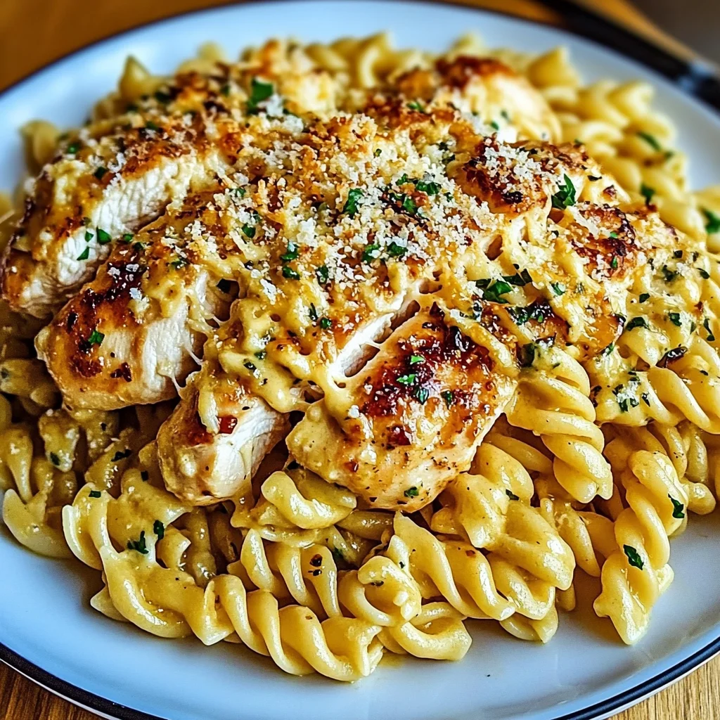 Creamy Garlic Parmesan Chicken with Cheesy Twisted Pasta
