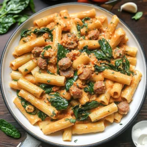 Creamy Sausage Rigatoni with Spinach, Garlic, and Tomato Cream Sauce (One-Pan, 30-Minute recipe)