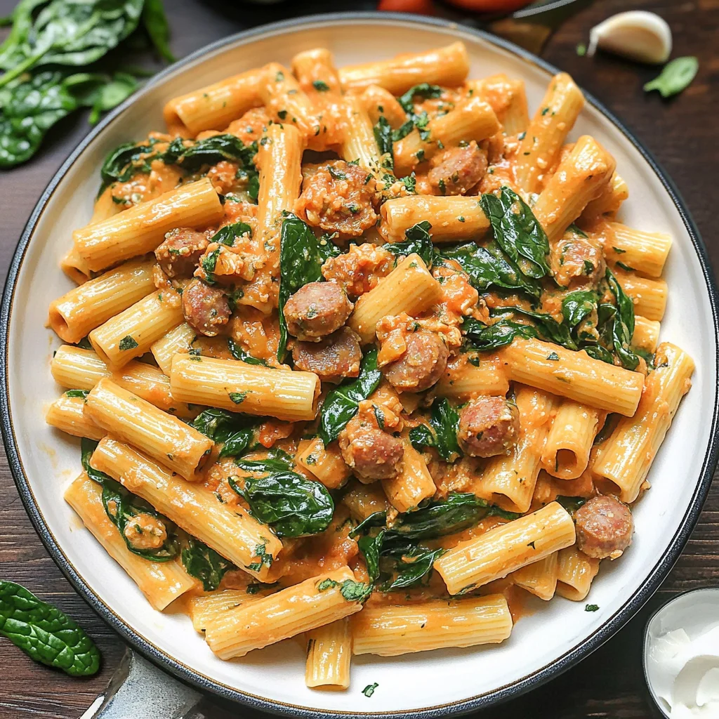 Creamy Sausage Rigatoni with Spinach, Garlic, and Tomato Cream Sauce (One-Pan, 30-Minute recipe)