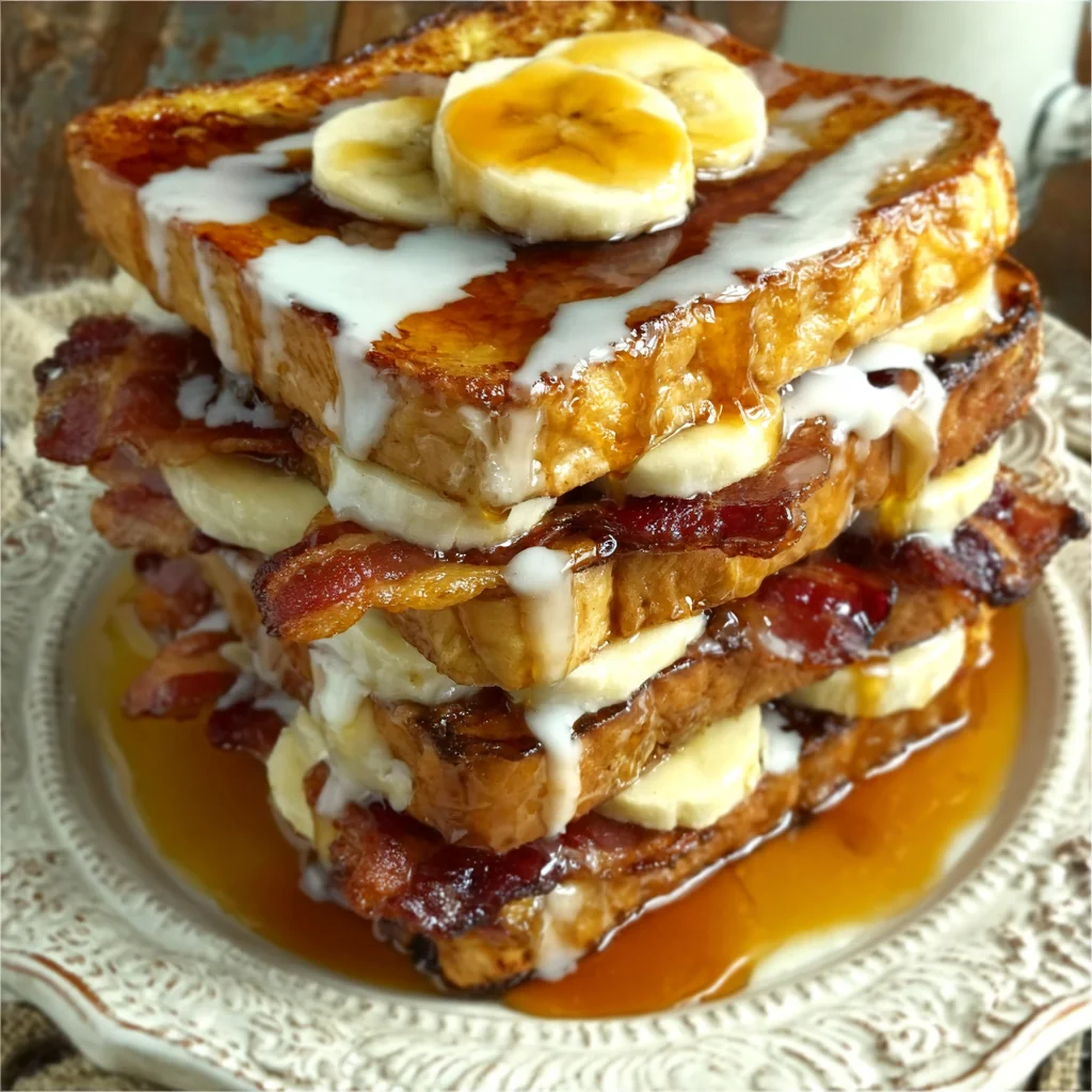 Bourbon Maple Bacon Stuffed French Toast with Vanilla Glaze