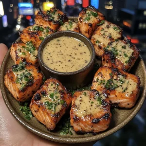 Garlic Butter Salmon Bites with Lemon Dipping Sauce