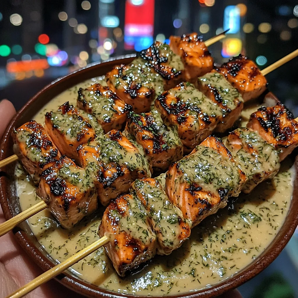 Garlic Butter Salmon Skewers with Lemon Dill Sauce
