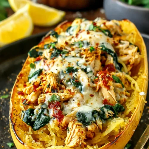 Garlic Parmesan Stuffed Spaghetti Squash w/ Chicken & Spinach