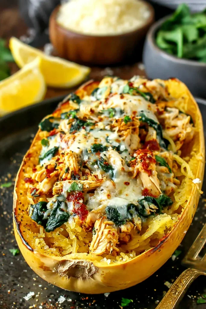 Garlic Parmesan Stuffed Spaghetti Squash w/ Chicken & Spinach