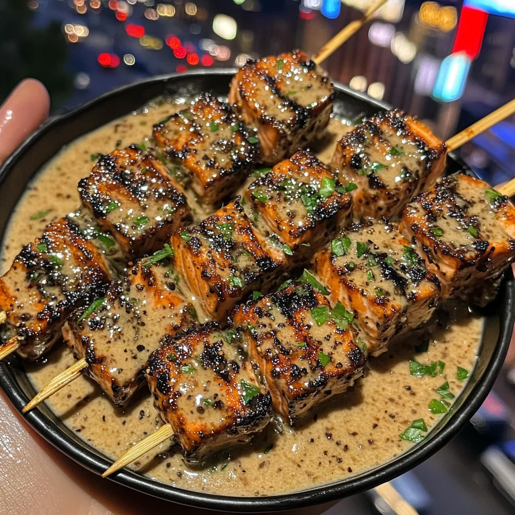 Garlic Soy Salmon Skewers with Spicy Lime Sauce