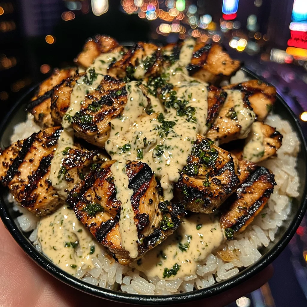 Grilled Chicken Rice Bowls with Garlic Herb Yogurt Sauce