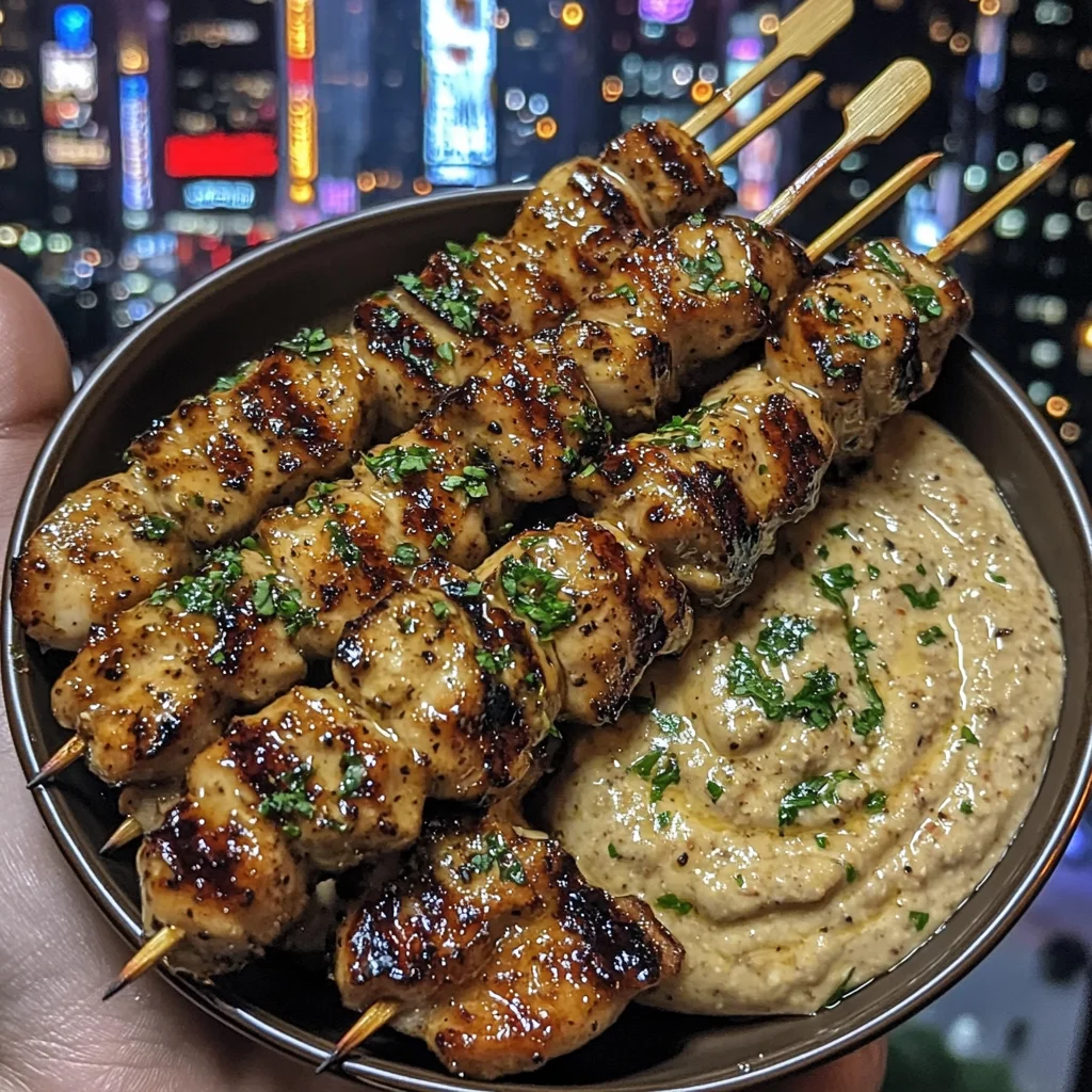 Honey Sriracha Glazed Chicken Skewers with Garlic Dip