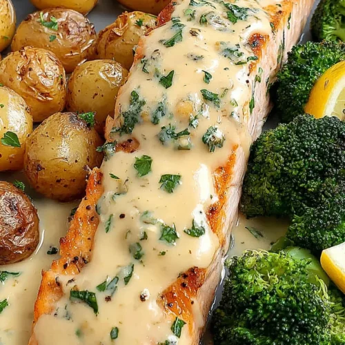Lemon Butter Salmon with Crispy Potatoes and Broccoli recipe