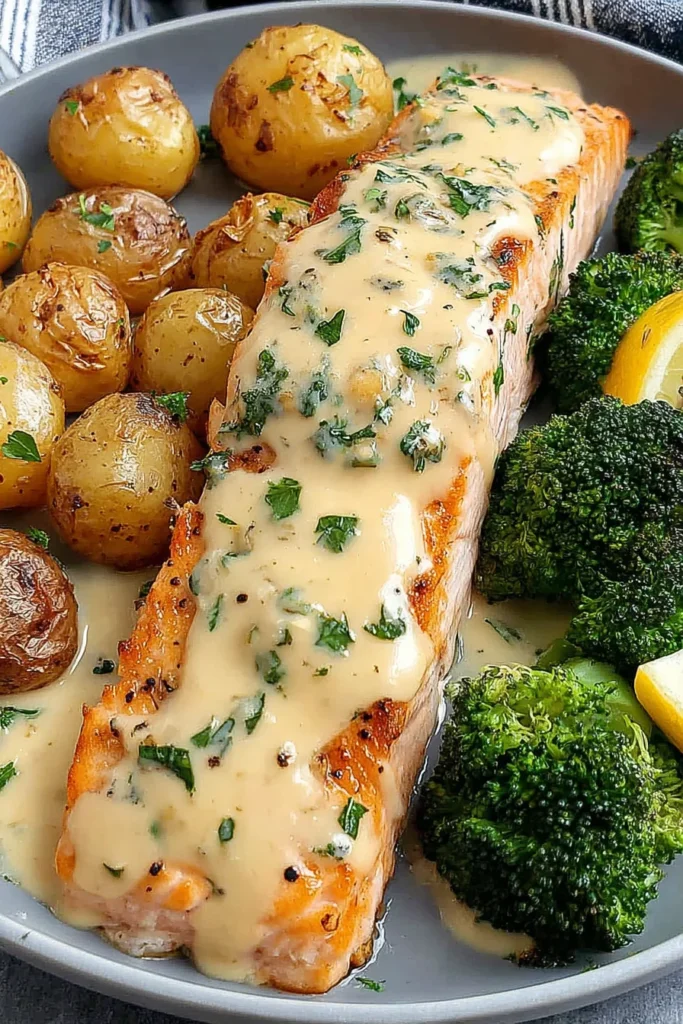 Lemon Butter Salmon with Crispy Potatoes and Broccoli recipe