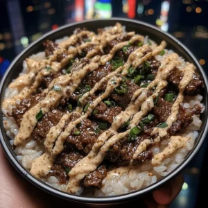 Sesame Beef Rice Bowls with Scallion Soy Drizzle