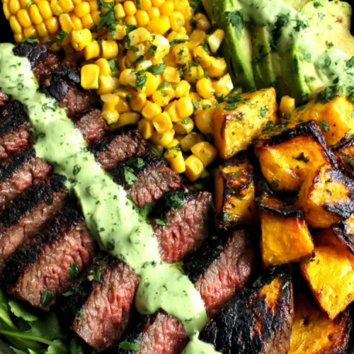 Steak, Avocado & Roasted Corn Bowl with Cilantro Cream – Healthy & Flavorful!