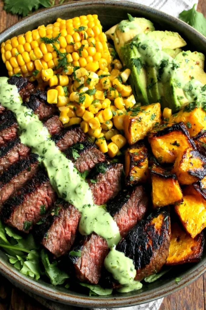 Steak, Avocado & Roasted Corn Bowl with Cilantro Cream – Healthy & Flavorful!