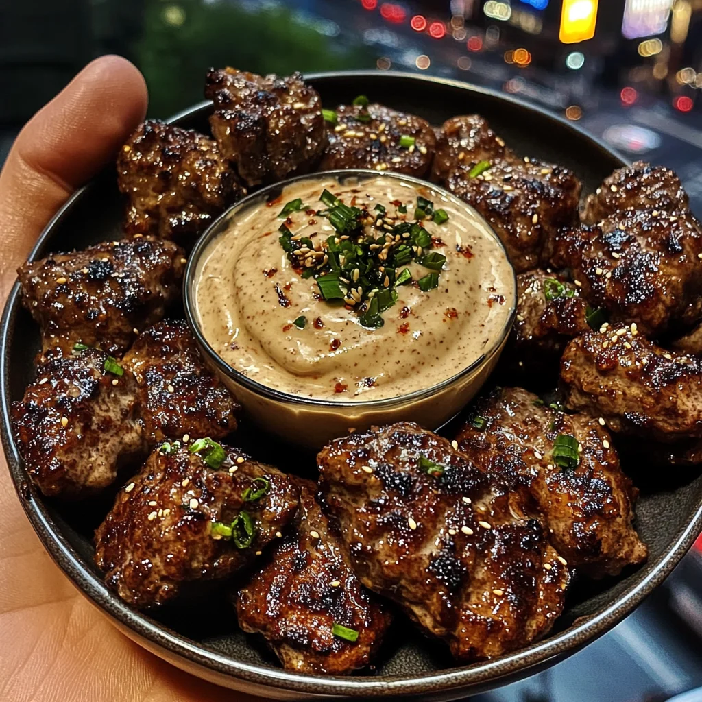 Sweet and Spicy Beef Bites with Creamy Sesame Dip