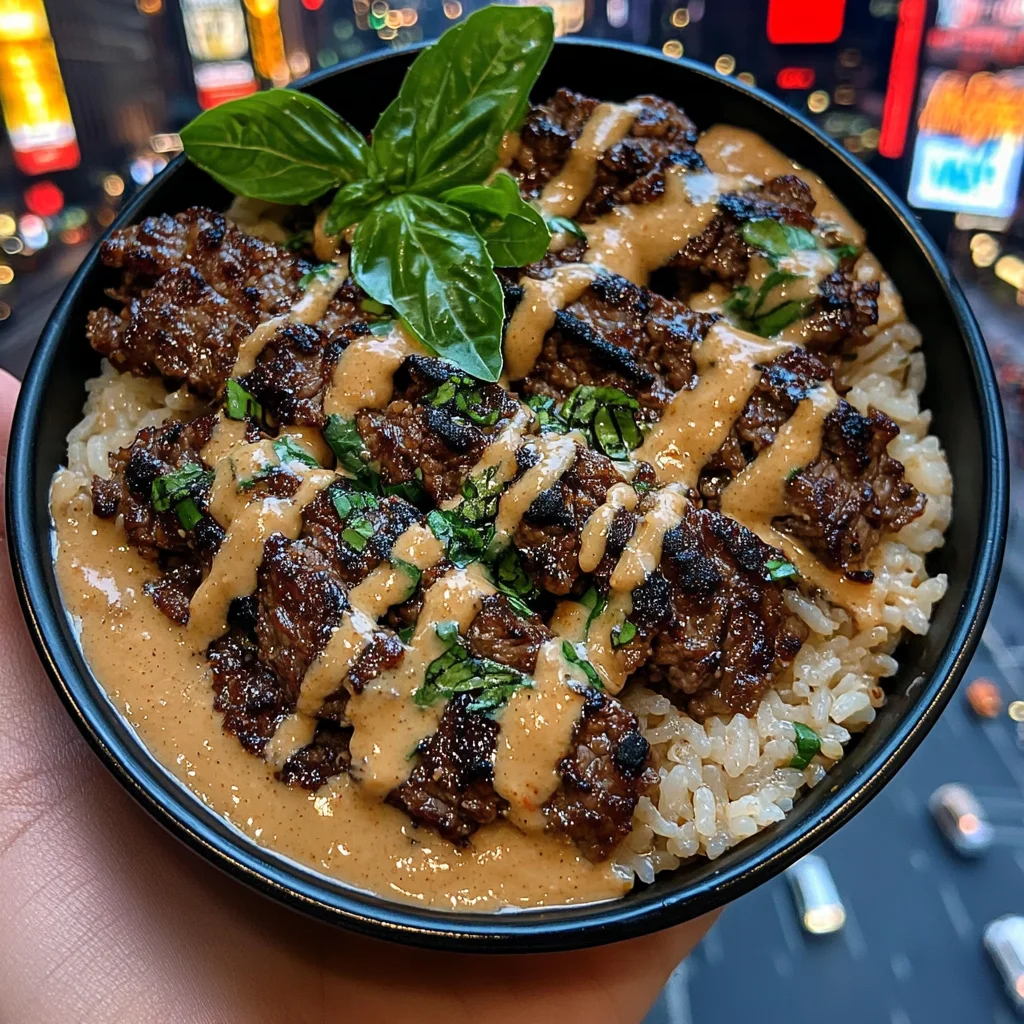 Thai Basil Beef Rice Bowls with Peanut Lime Sauce