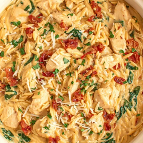 heavenly Slow Cooker Creamy Tuscan Chicken Orzo for a no-fuss