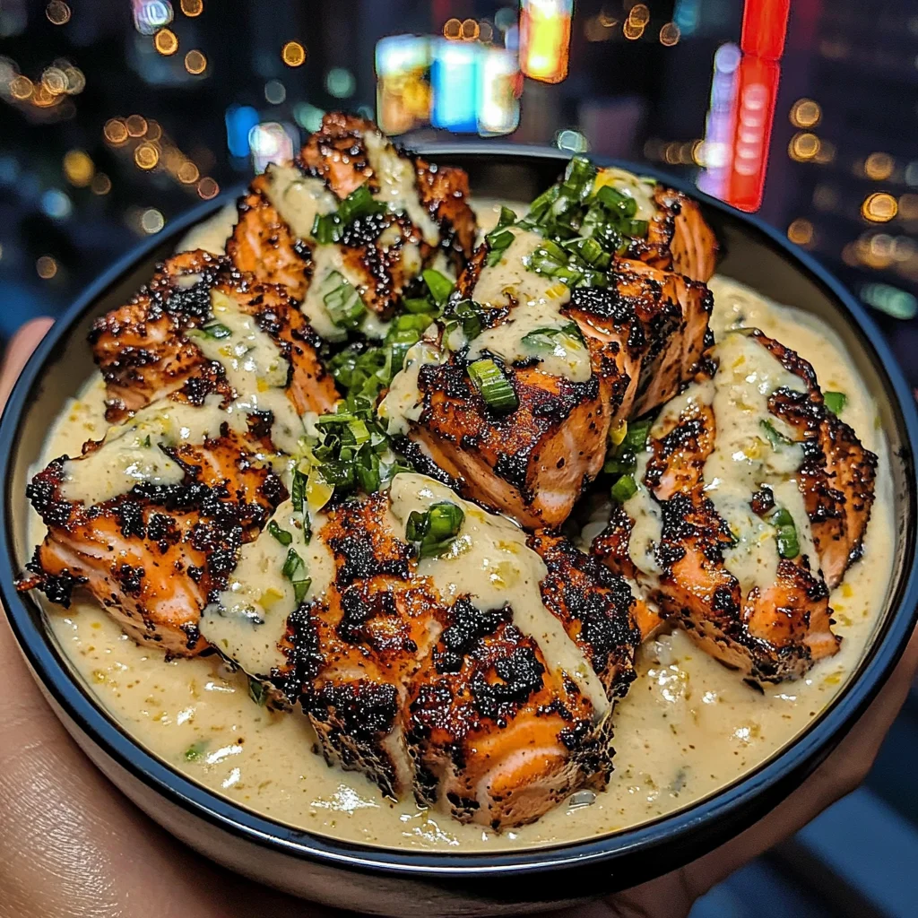 Blackened Salmon Rice Bowls with Lemon Garlic Cream
