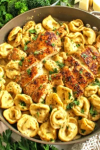 Creamy Garlic Parmesan Chicken Tortellini with Seared Chicken and Fresh Broccoli
