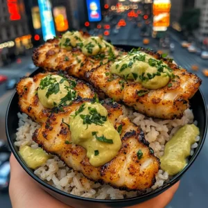Crispy Fish Rice Bowls with Avocado Lime Sauce