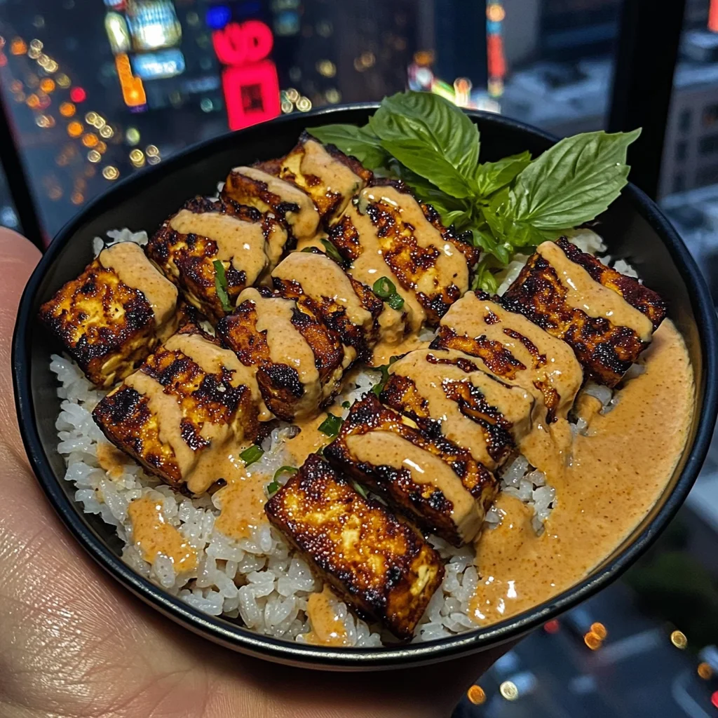 Crispy Tofu Rice Bowls with Spicy Peanut Drizzle
