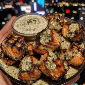 Garlic Butter Salmon Bites with Creamy Dill Dip