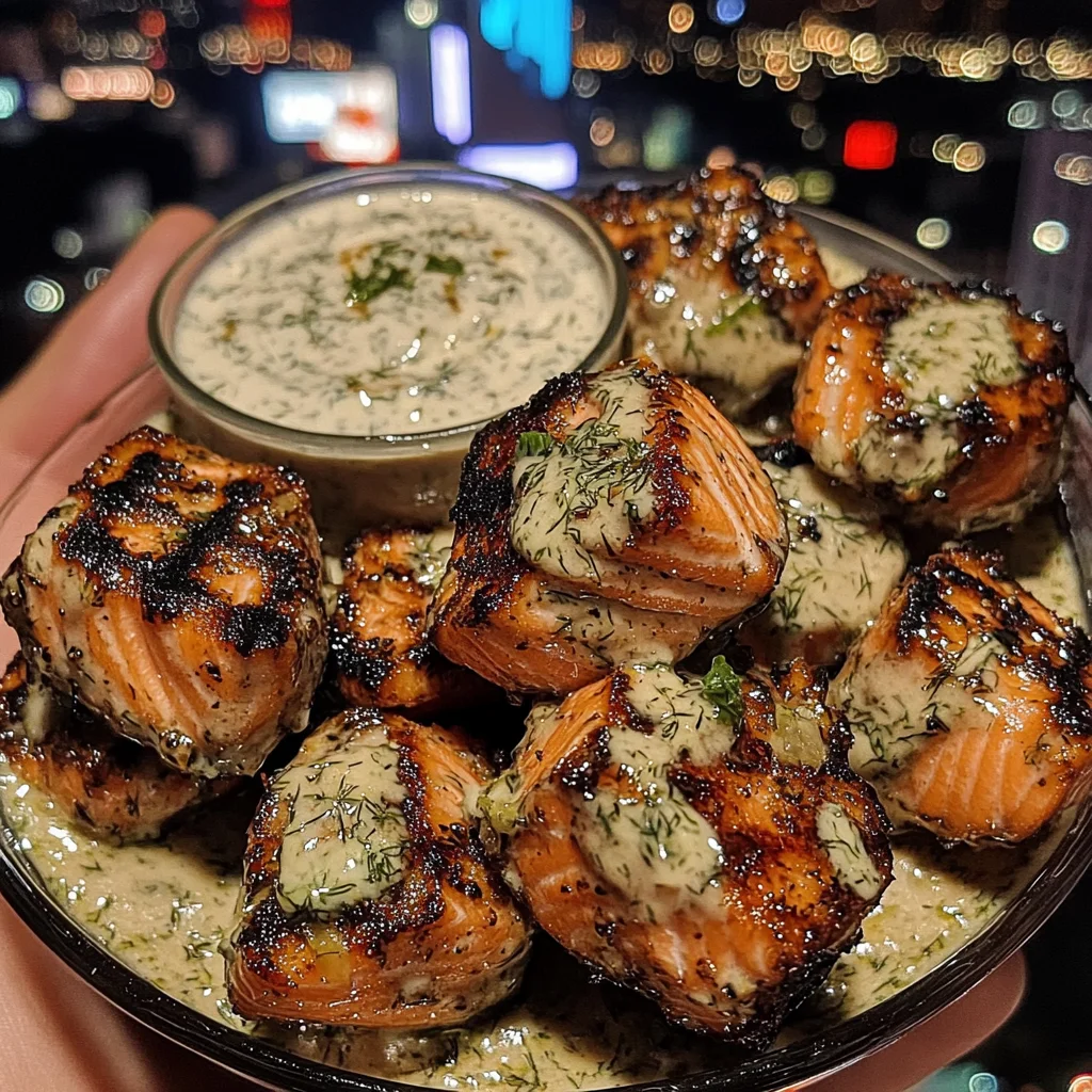Garlic Butter Salmon Bites with Creamy Dill Dip
