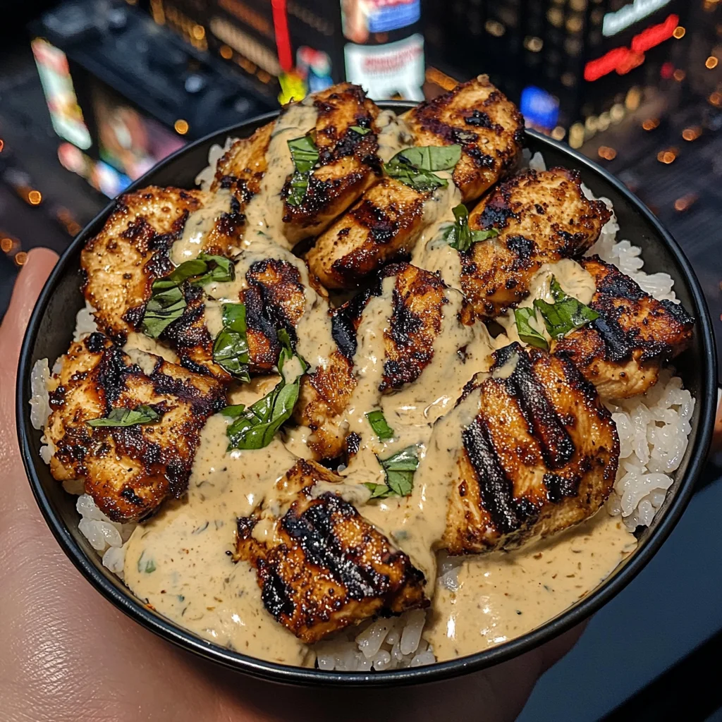 Grilled Chicken Rice Bowls with Creamy Basil Sauce