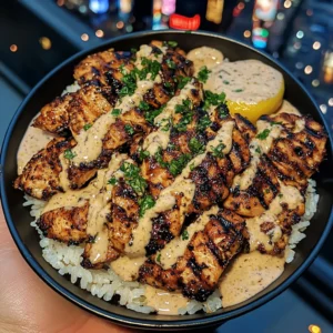 Grilled Chicken Rice Bowls with Lemon Tahini Sauce