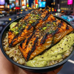 Grilled Salmon Rice Bowls with Avocado Cream Sauce