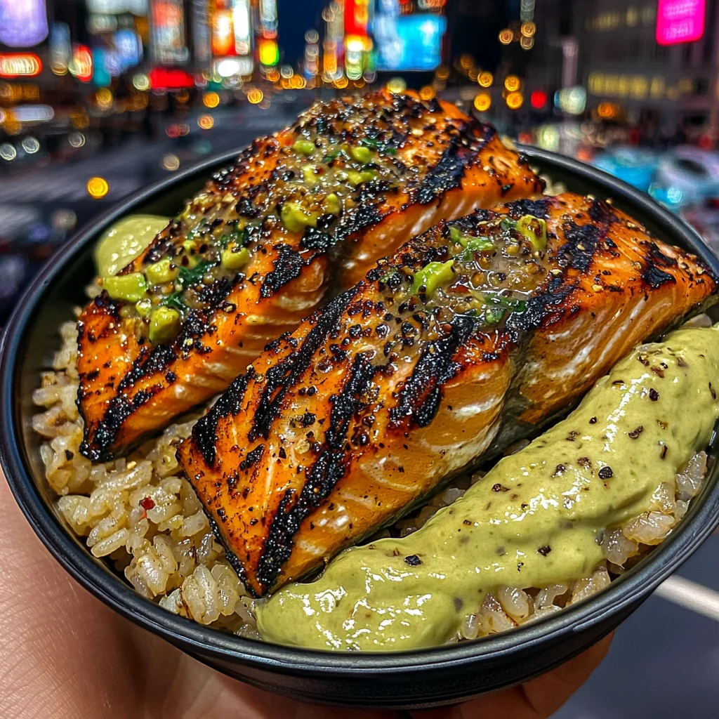 Grilled Salmon Rice Bowls with Avocado Cream Sauce