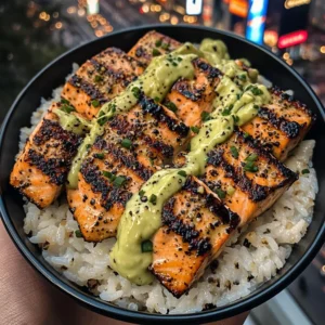 Grilled Salmon Rice Bowls with Avocado Garlic Sauce