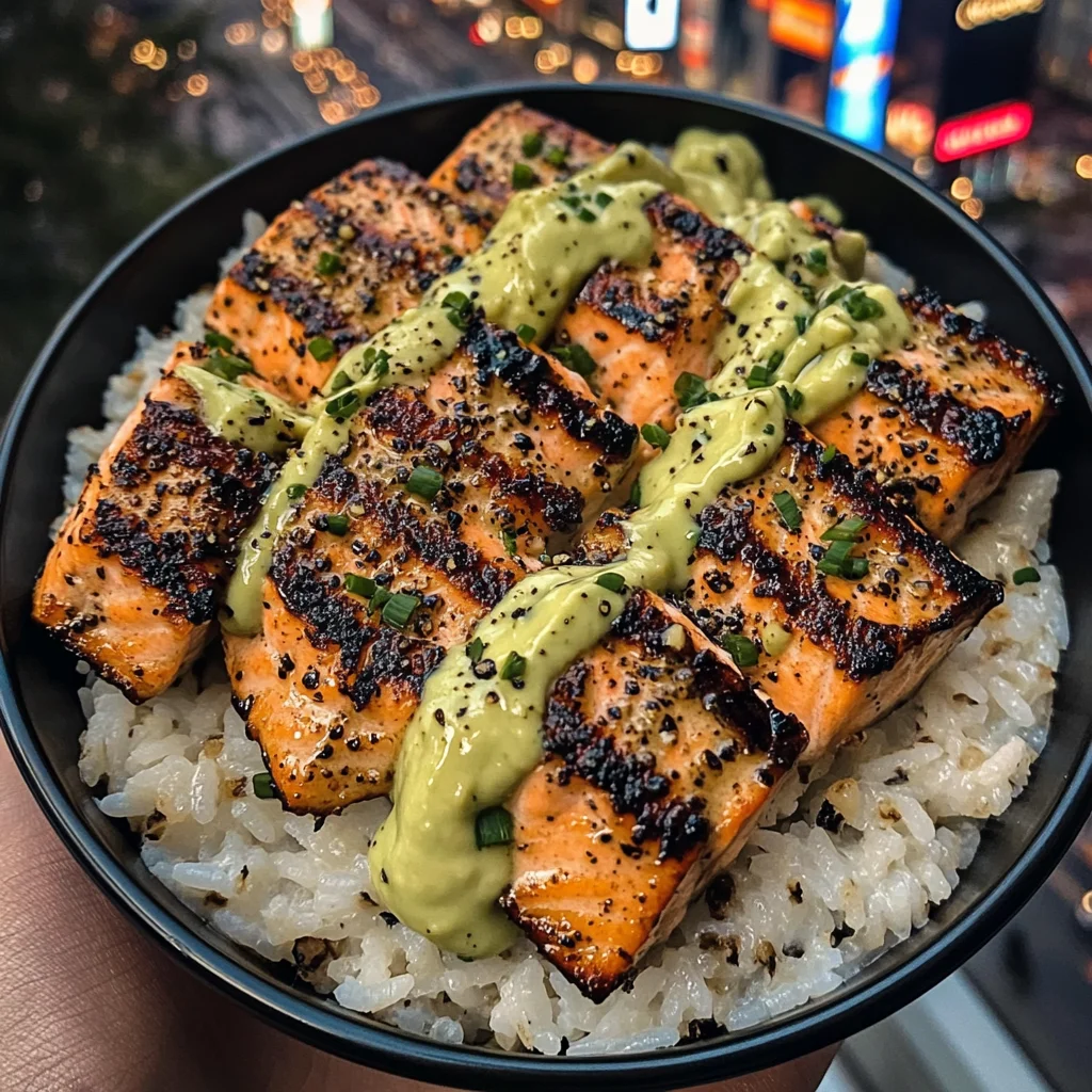 Grilled Salmon Rice Bowls with Avocado Garlic Sauce