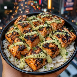 Grilled Salmon Rice Bowls with Avocado Lime Crema