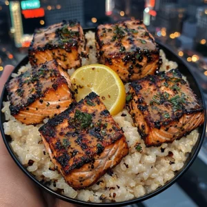 Grilled Salmon Rice Bowls with Honey Lemon Glaze