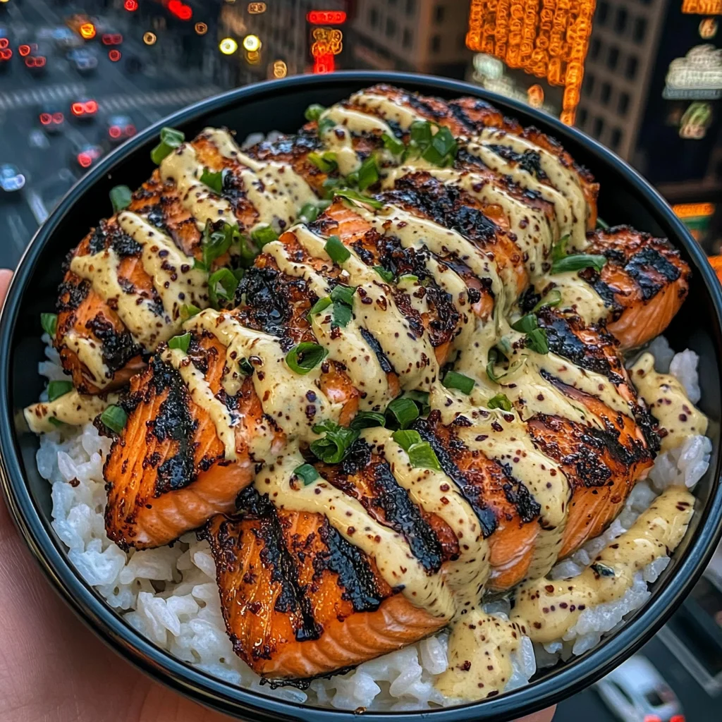 Grilled Salmon Rice Bowls with Honey Mustard Drizzle
