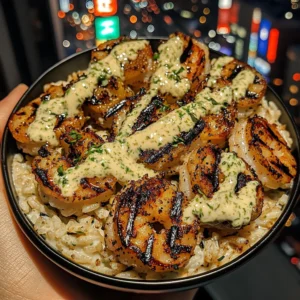 Grilled Shrimp Rice Bowls with Garlic Cilantro Crema