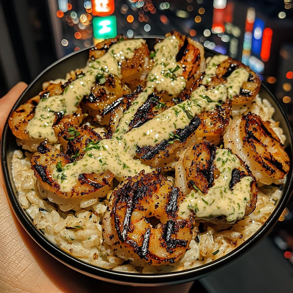 Grilled Shrimp Rice Bowls with Garlic Cilantro Crema