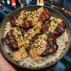 Grilled Steak Rice Bowls with Roasted Red Pepper Sauce