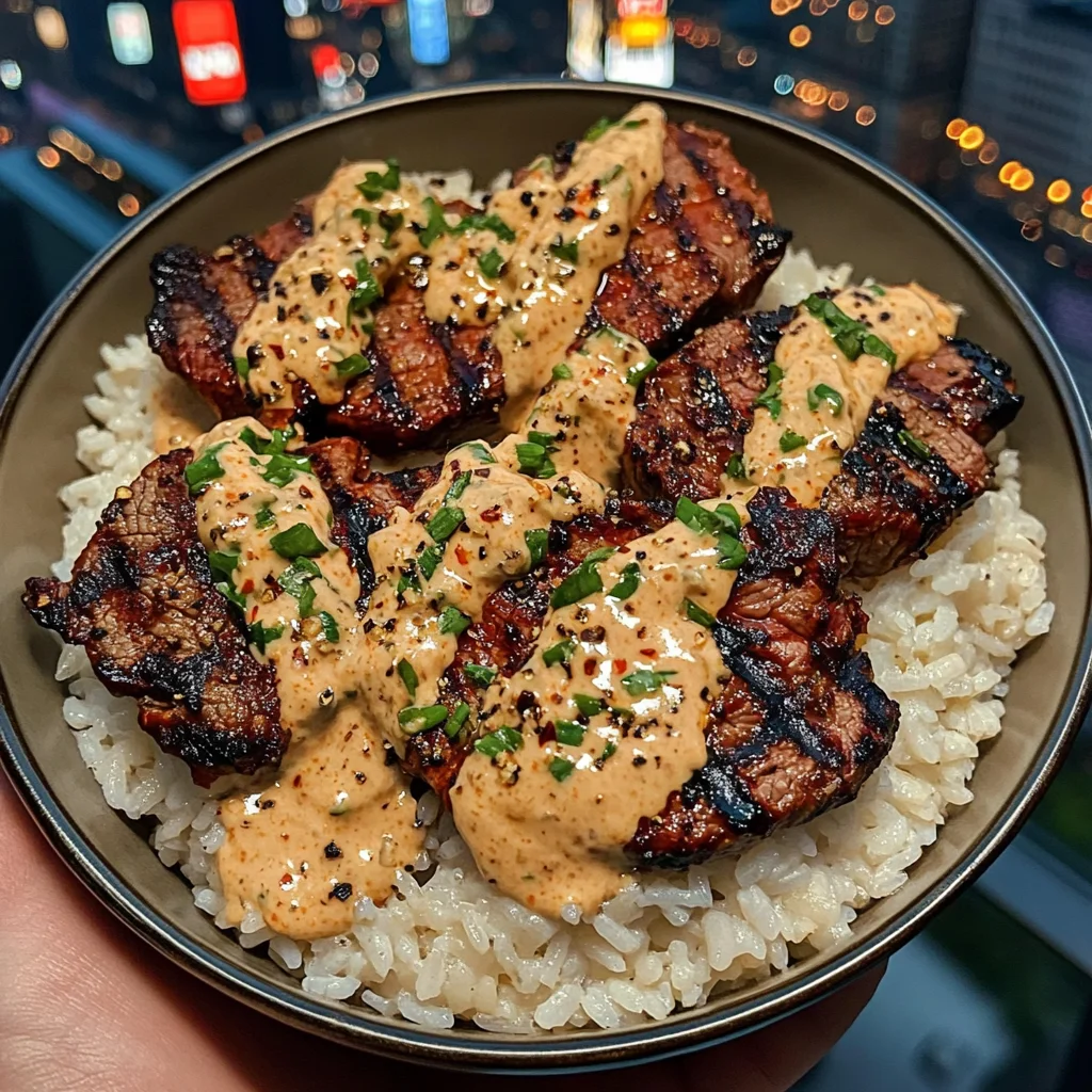 Grilled Steak Rice Bowls with Roasted Red Pepper Sauce