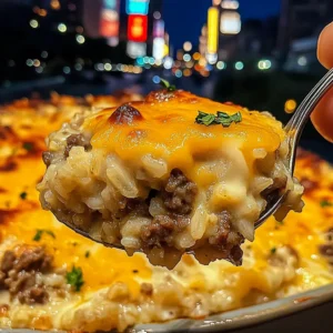 Hearty Beef and Rice Casserole with Creamy Cheddar