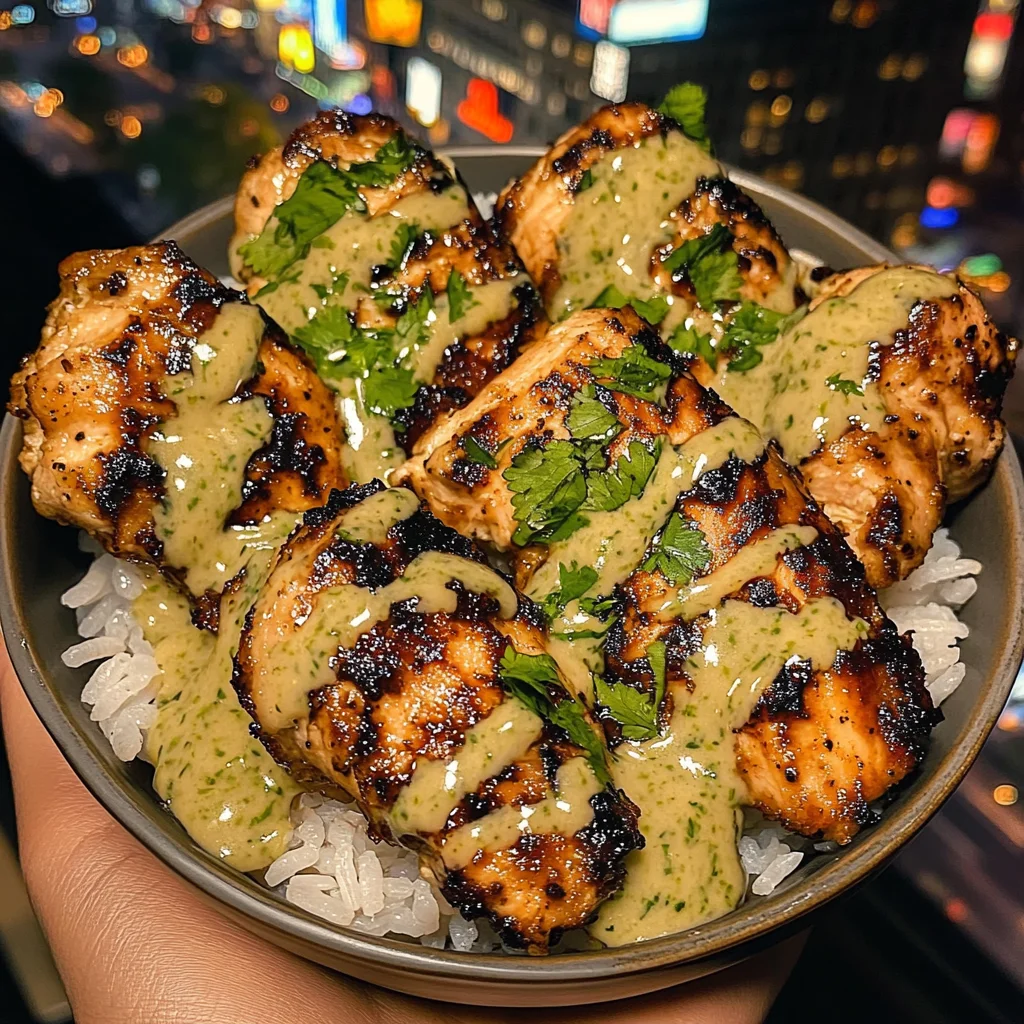 Honey Garlic Chicken Rice Bowls with Cilantro Lime Sauce