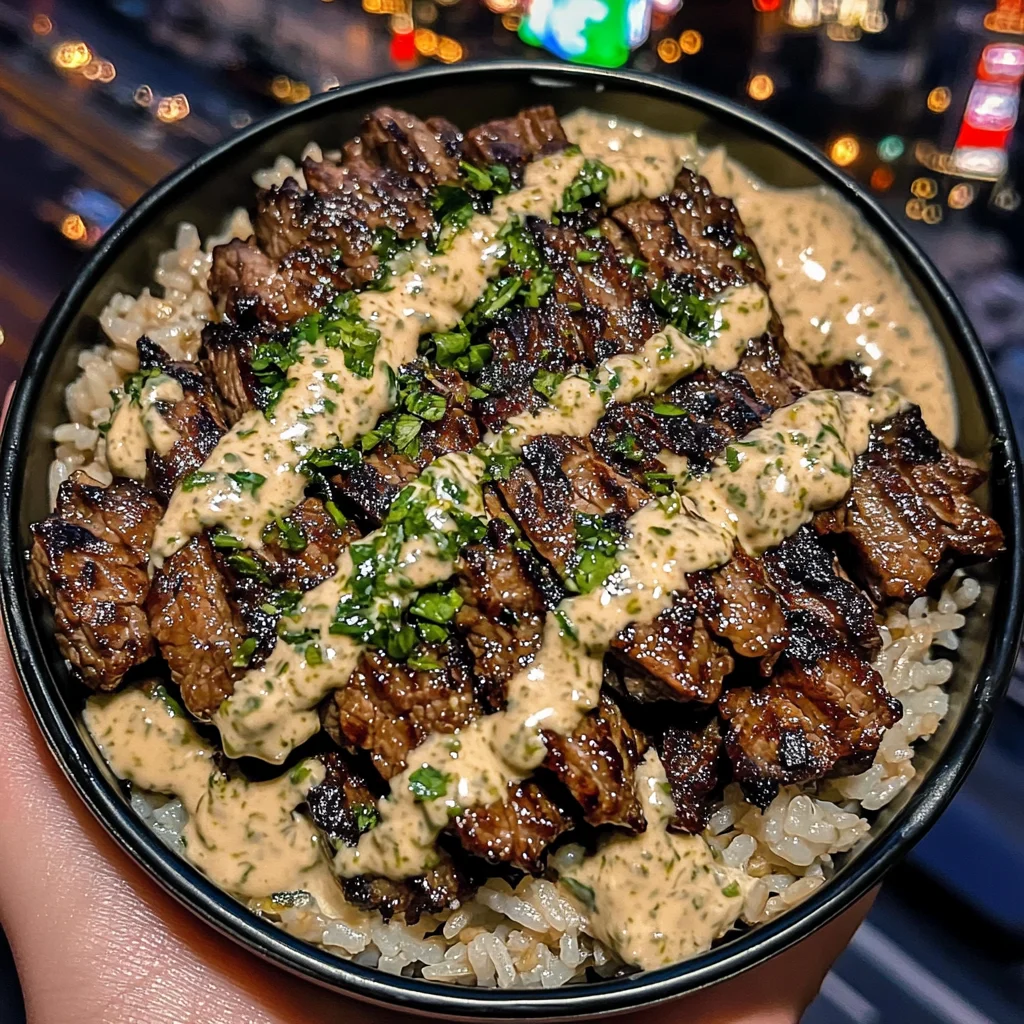 Honey Lime Beef Rice Bowls with Cilantro Cream Sauce