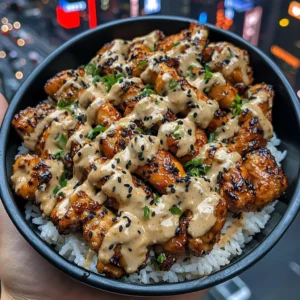 Honey Sesame Chicken Rice Bowls with Spicy Ginger Sauce