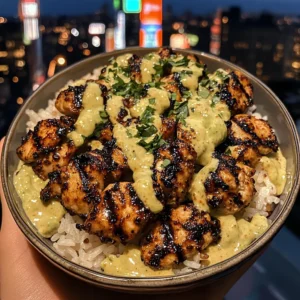 Honey Sriracha Chicken Rice Bowls with Avocado Crema